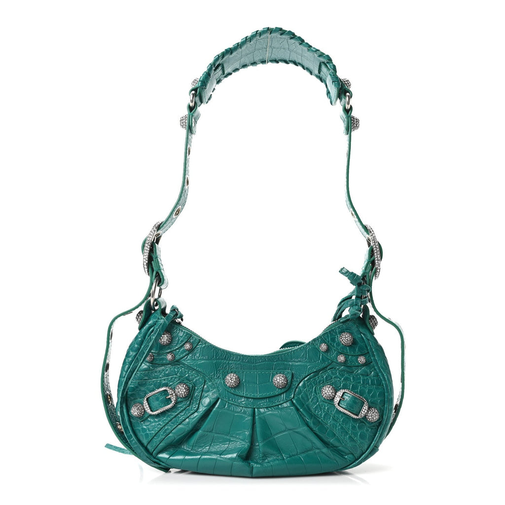 Extra Supple Calfskin Crystal Crocodile Embossed Le Cagole Shoulder Bag XS Jade