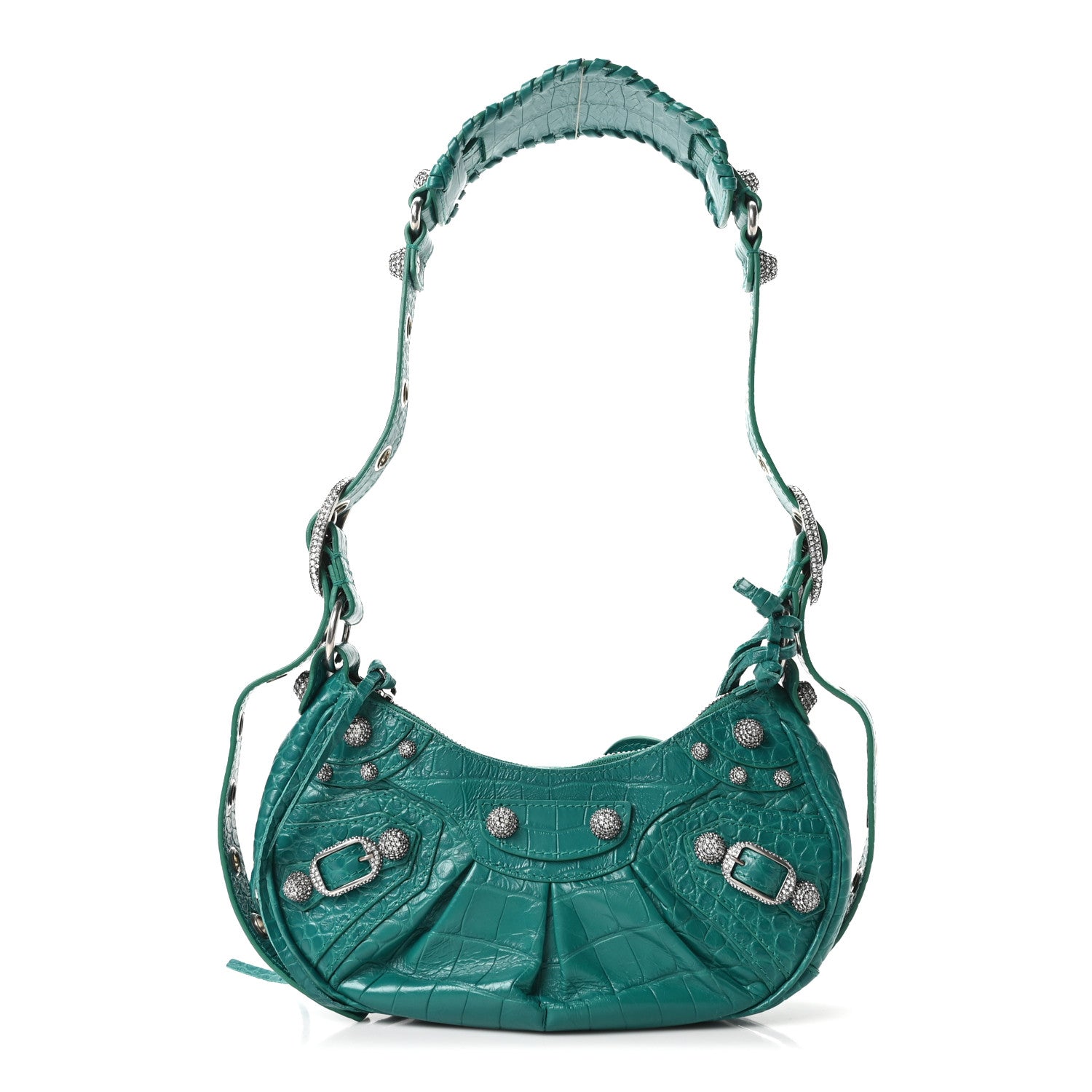 Extra Supple Calfskin Crystal Crocodile Embossed Le Cagole Shoulder Bag XS Jade