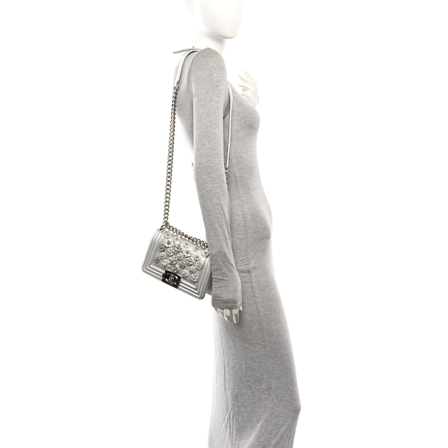 Metallic Calfskin Camellia Quilted Small Boy Flap Silver