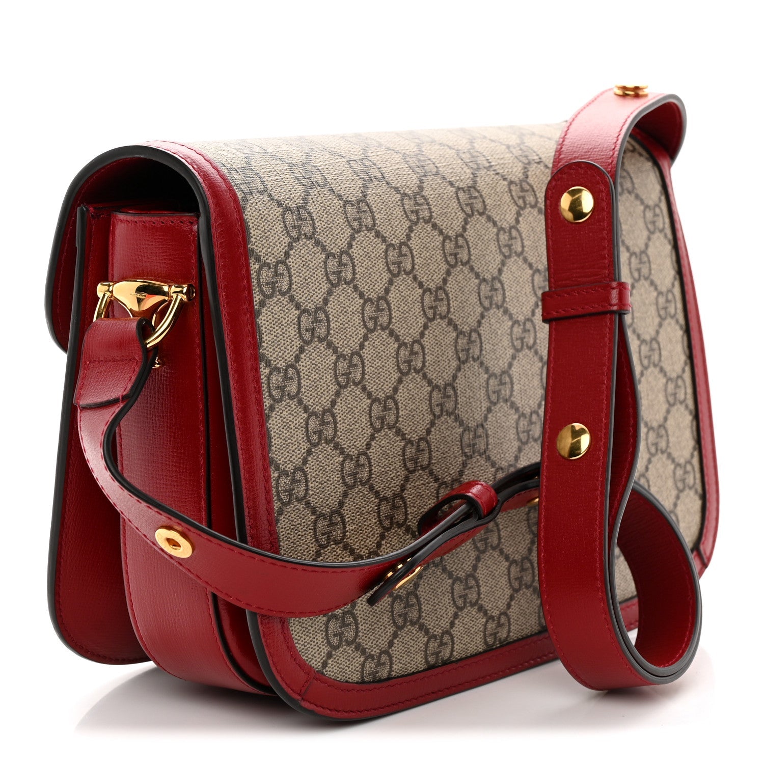 GG Supreme Monogram Azalea Calfskin Horsebit 1955 Shoulder Bag Beige Ebony New Cherry Red