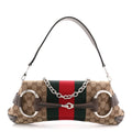 Monogram Textured Dollar Calfskin Heavy Grosgrain Web Medium Maxi Horsebit Chain Shoulder Bag Beige Ebony New Acero