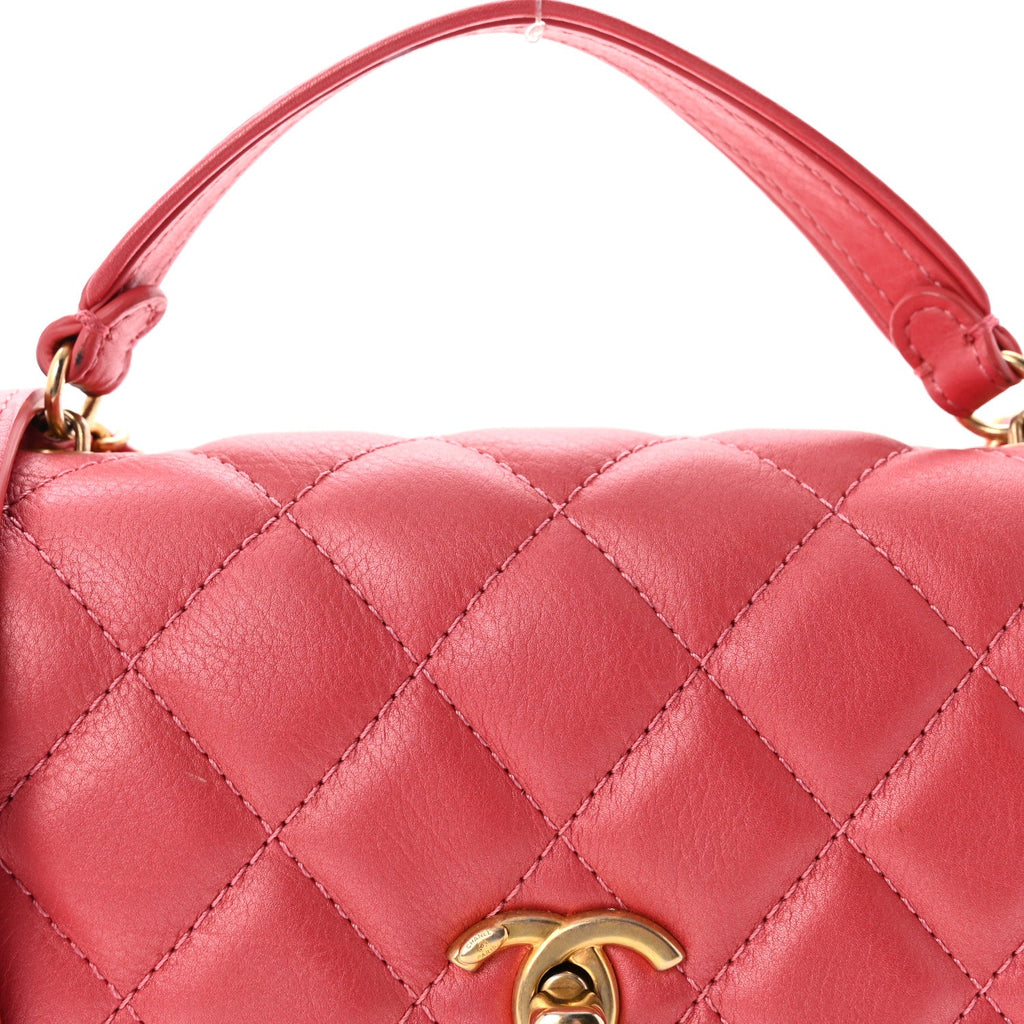 Metallic Calfskin Quilted Top Handle Flap Dark Pink