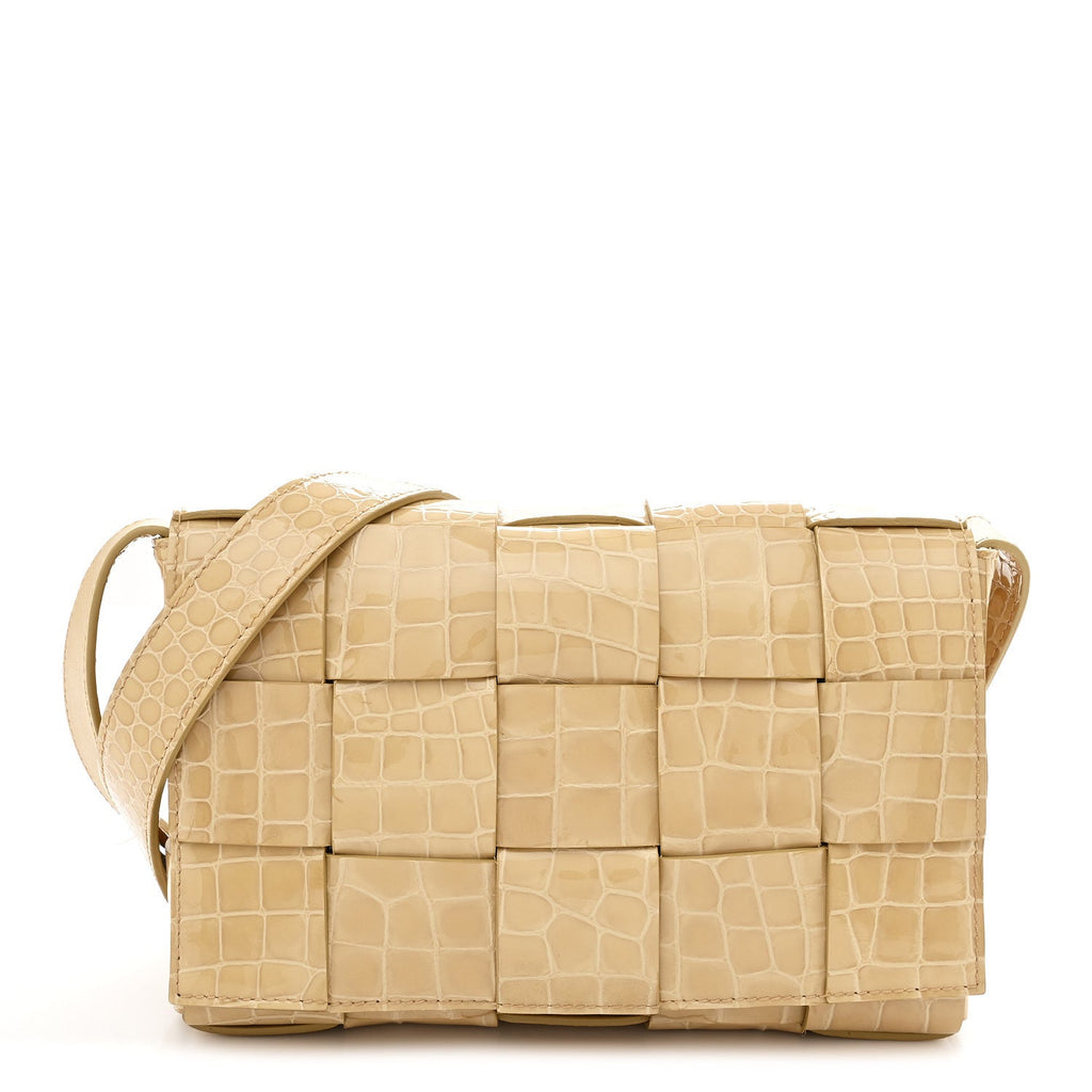 Gloss Calfskin Croc Embossed Intreccio Cassette Crossbody Bag Praline