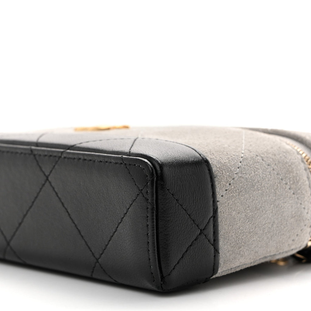 Suede Calfskin Shiny Lambskin Quilted Top Handle Slim Vanity Case With Chain Grey Black Grey Black