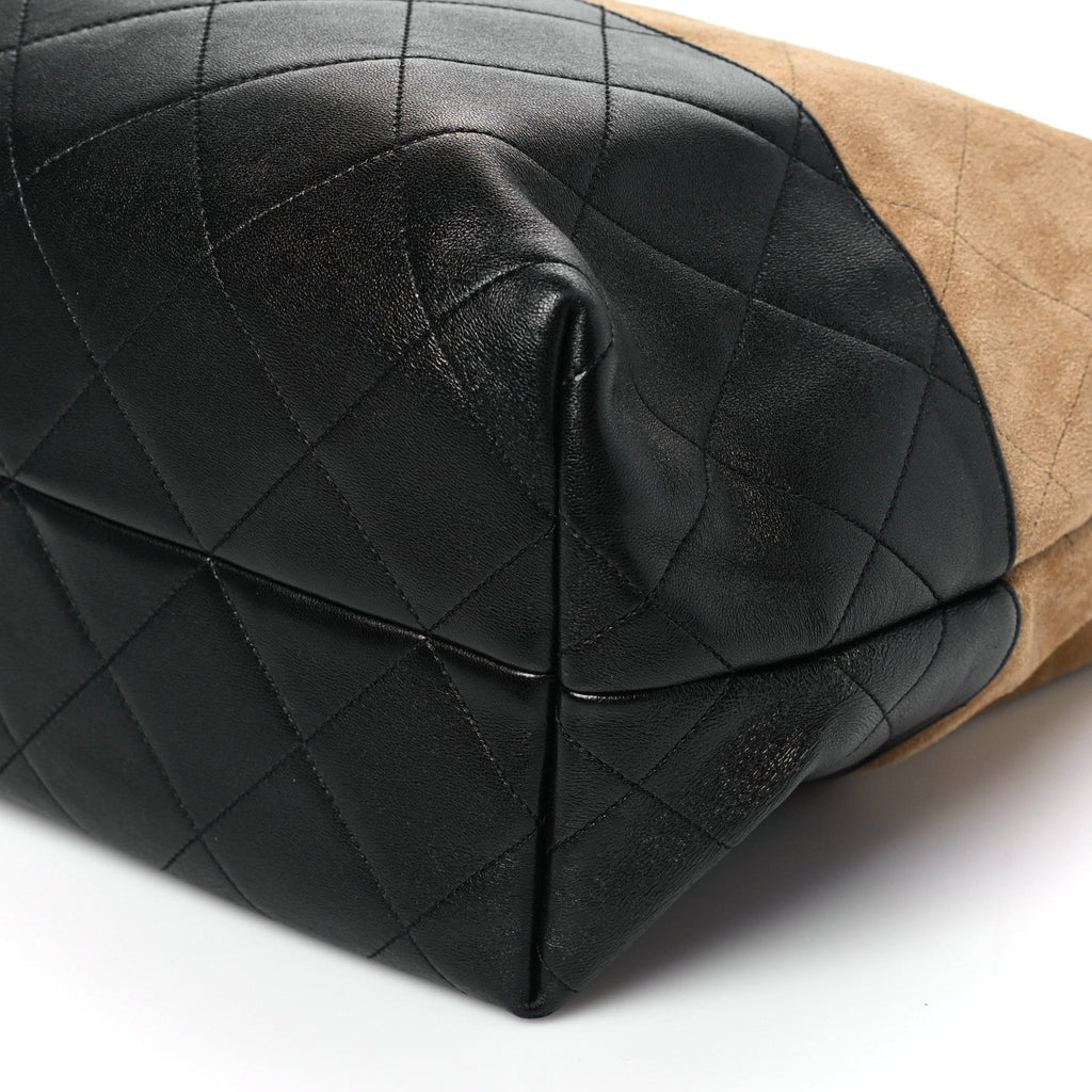 Suede Calfskin Shiny Lambskin Quilted Coco Base Shopping Bag Beige Black