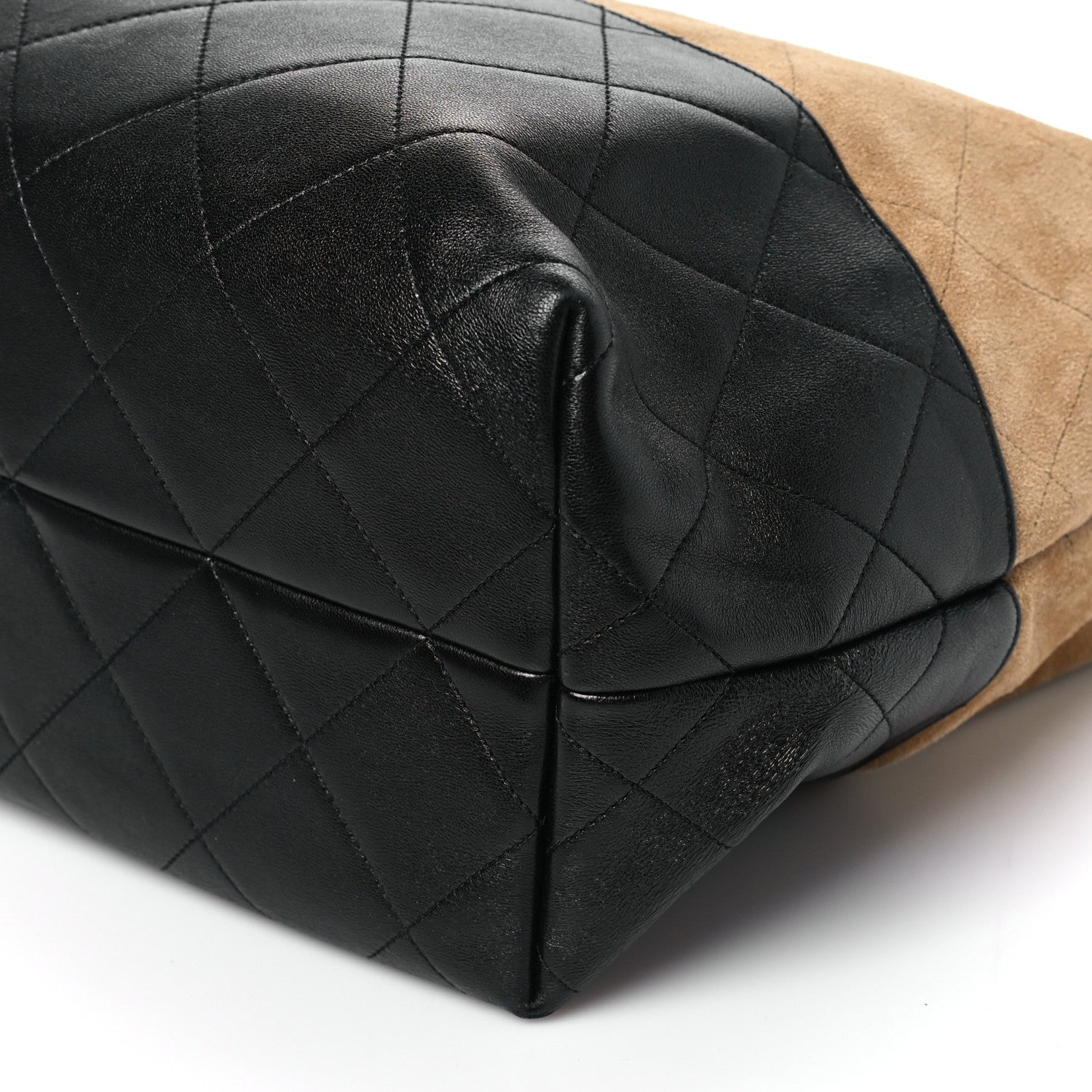 Suede Calfskin Shiny Lambskin Quilted Coco Base Shopping Bag Beige Black