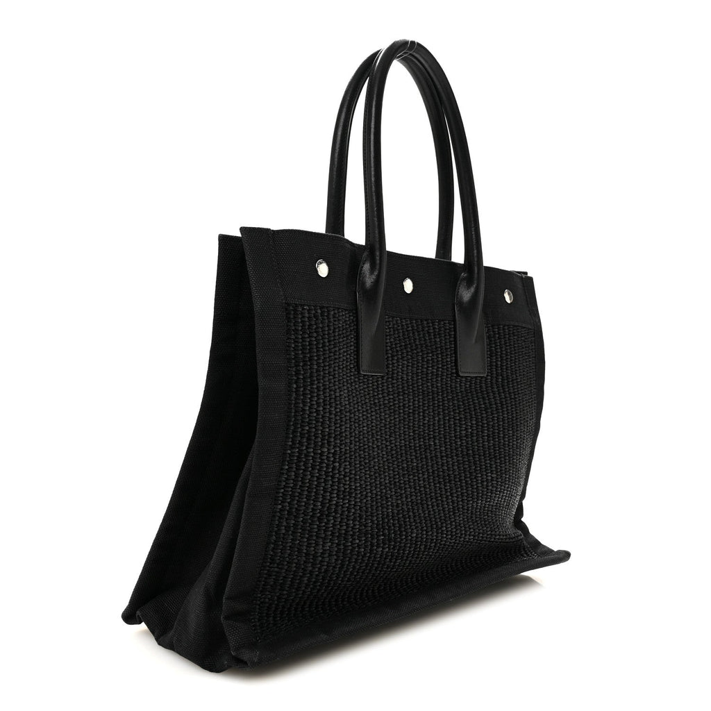 Raffia Linen Calfskin Small Rive Gauche Tote Black