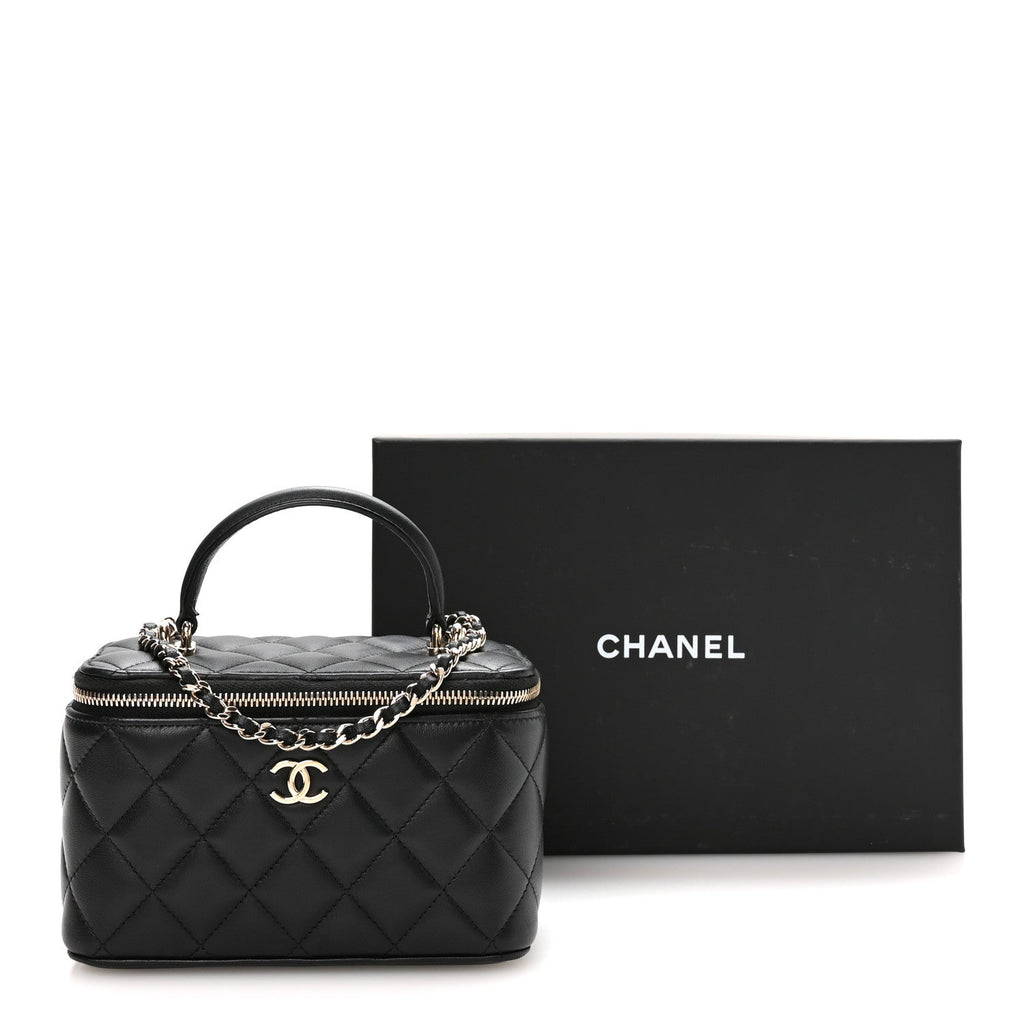 Lambskin Quilted Small Top Handle Vanity Case With Chain Black