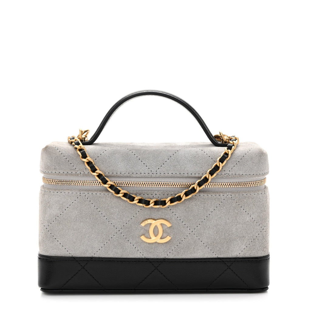 Suede Calfskin Shiny Lambskin Quilted Top Handle Slim Vanity Case With Chain Grey Black