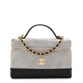 Suede Calfskin Shiny Lambskin Quilted Top Handle Slim Vanity Case With Chain Grey Black Grey Black