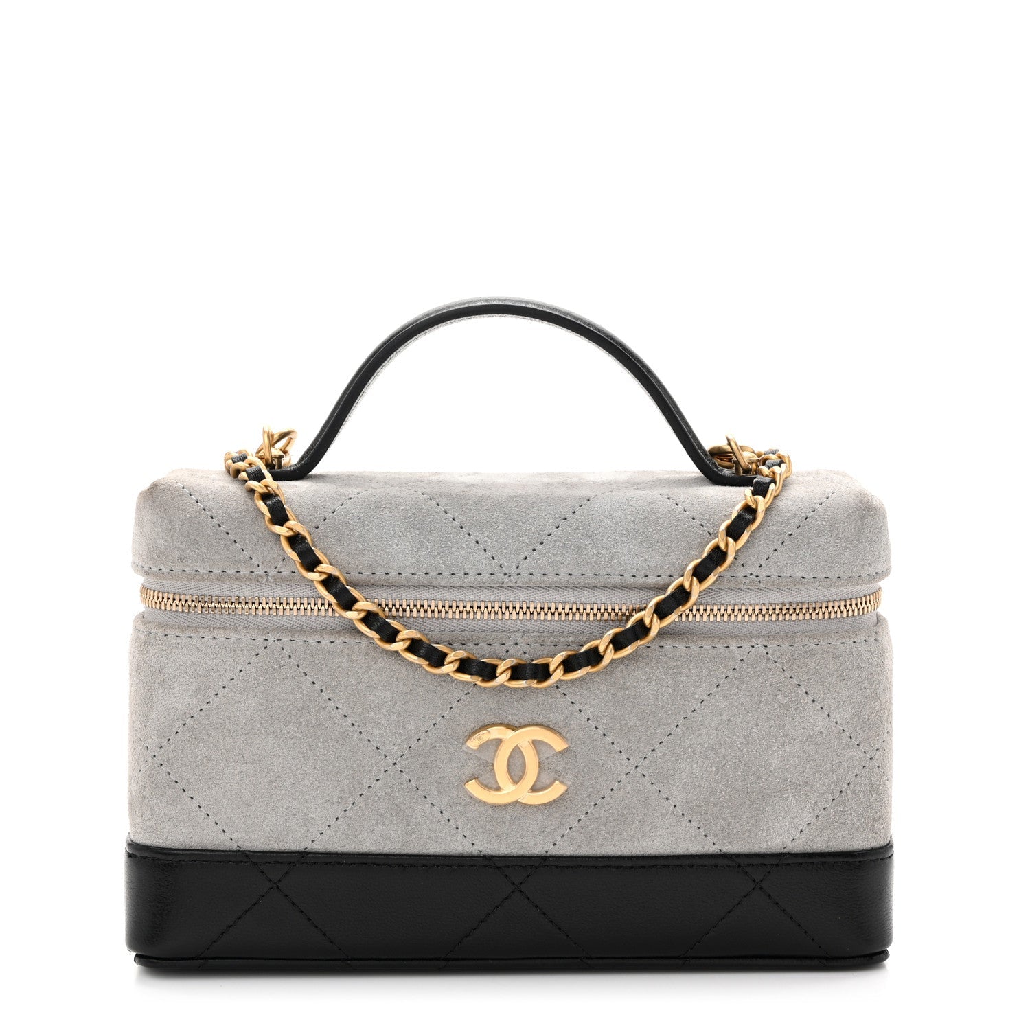 Suede Calfskin Shiny Lambskin Quilted Top Handle Slim Vanity Case With Chain Grey Black Grey Black