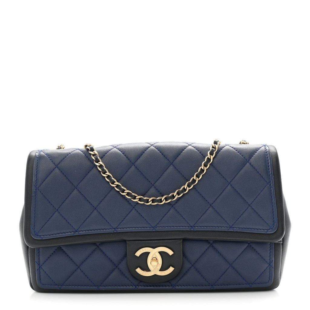 Lambskin Quilted Medium Graphic Flap Navy Black