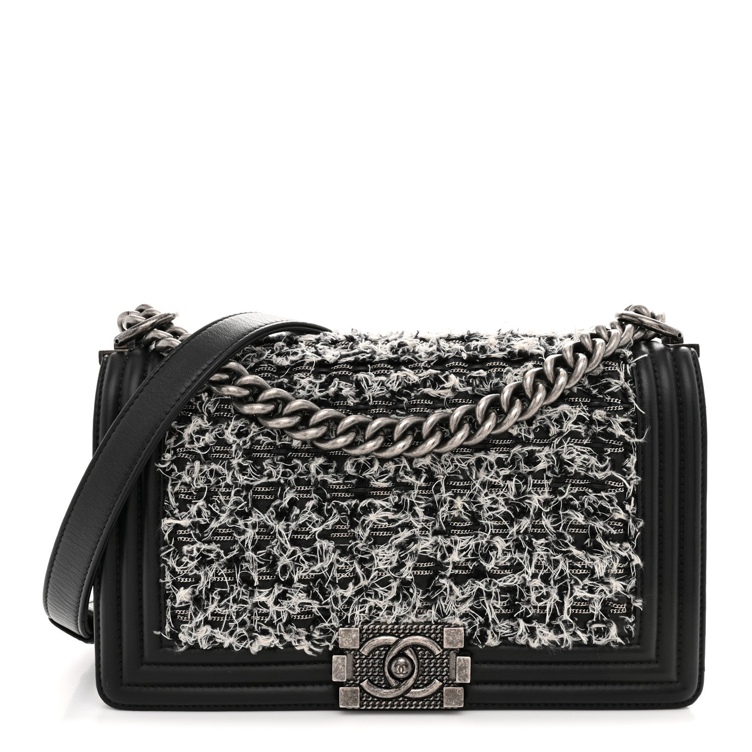 Tweed Calfskin Medium Boy Flap Black White