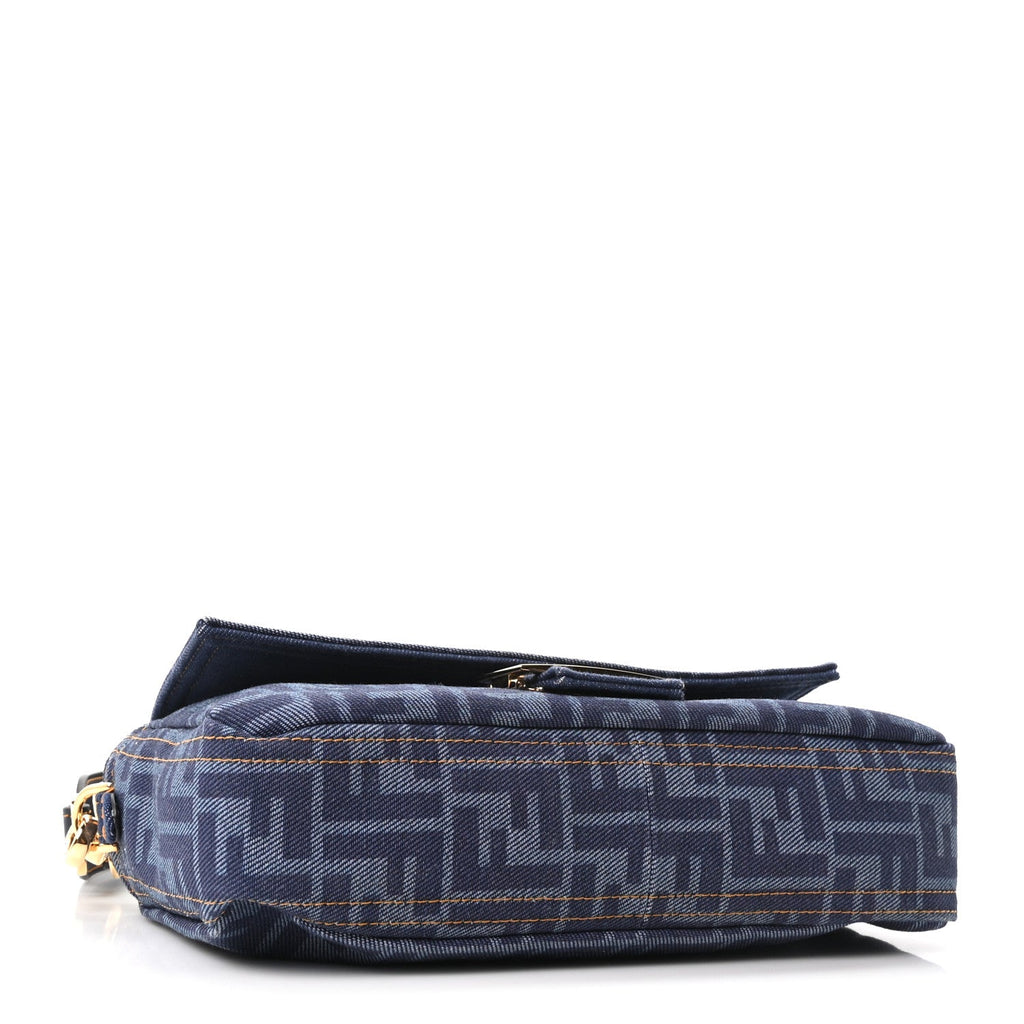 Denim FF Embroidered Reversible Baguette Blue