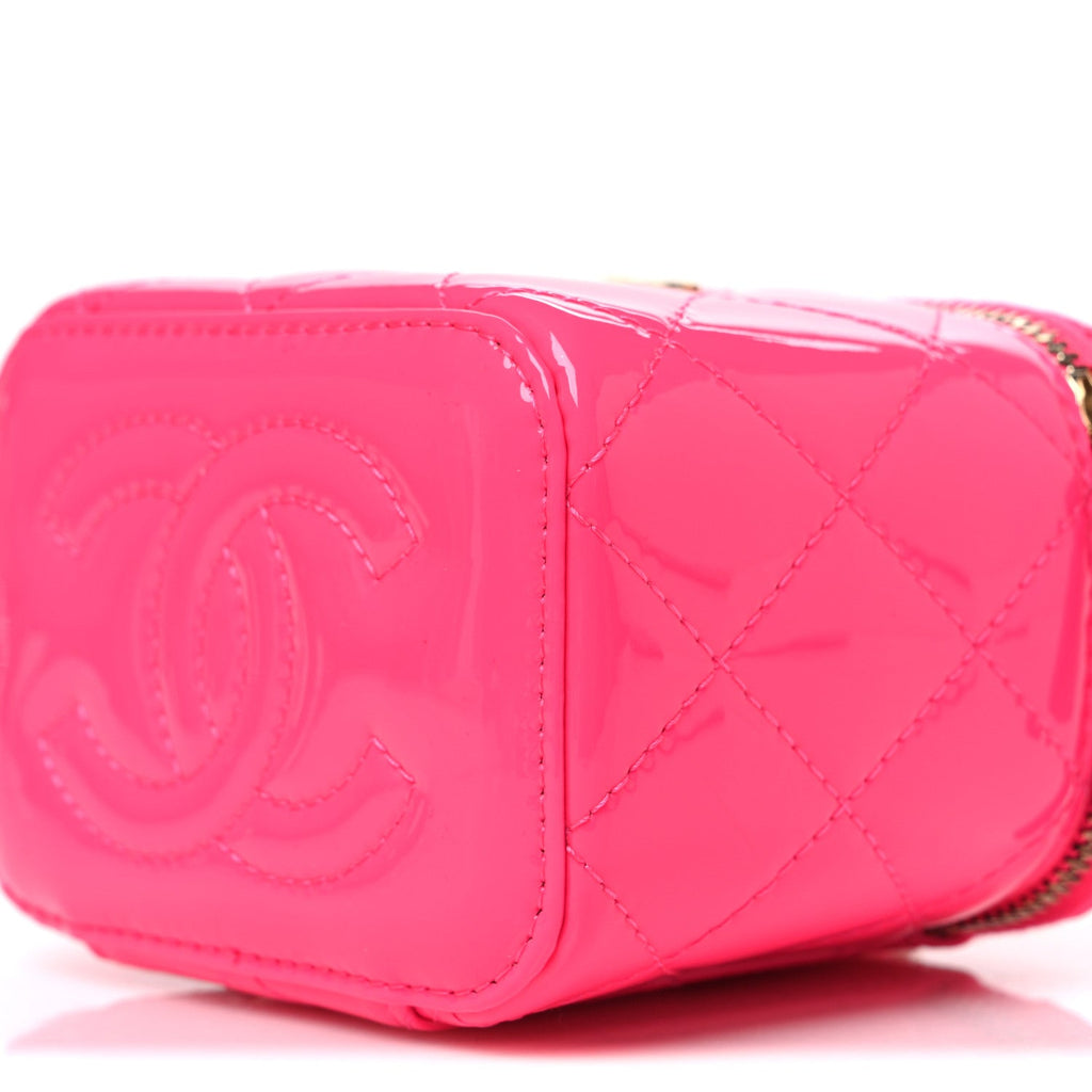 Patent Quilted Pearl Crush Mini Vanity Case With Chain Neon Pink