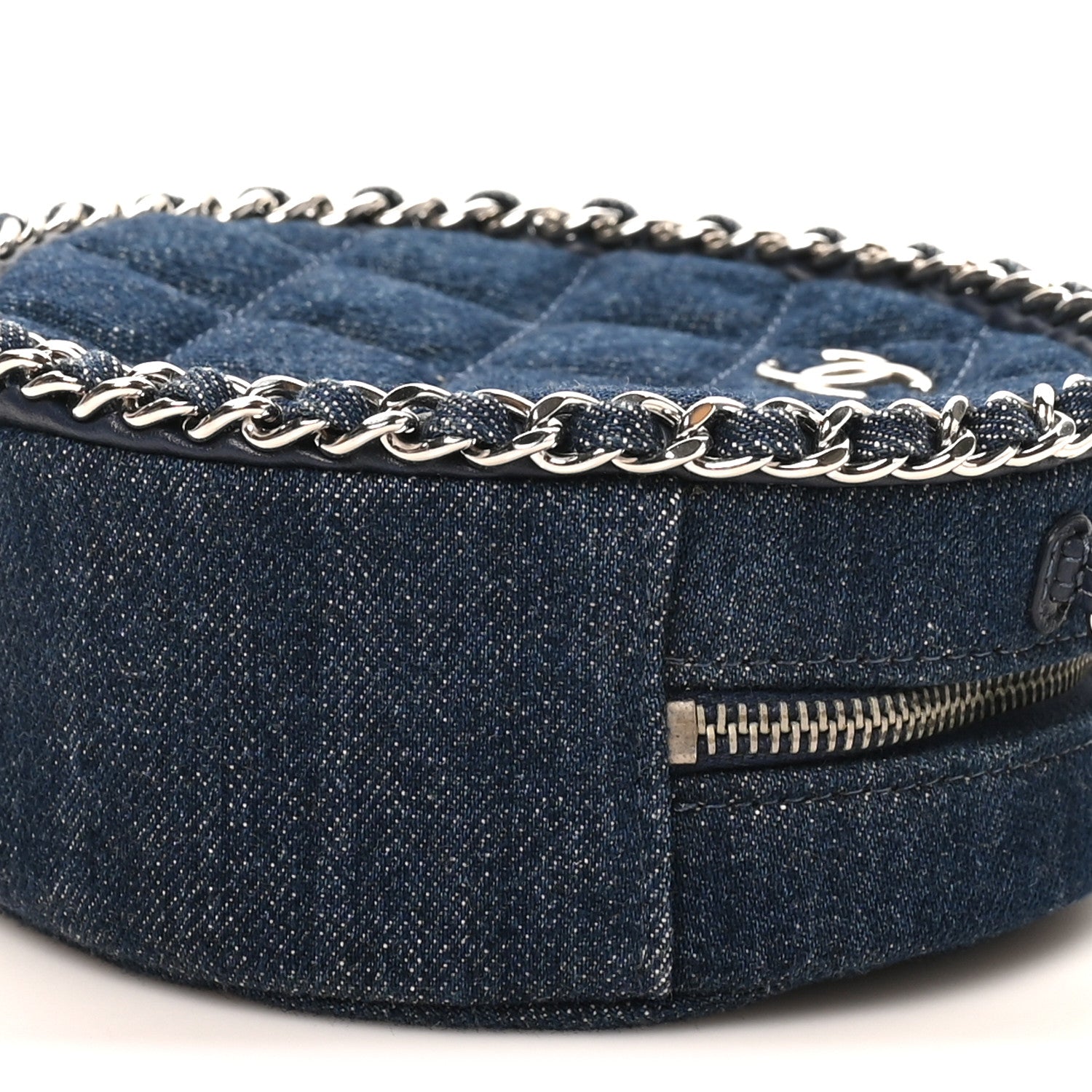 Denim Quilted Round Clutch With Chain Blue