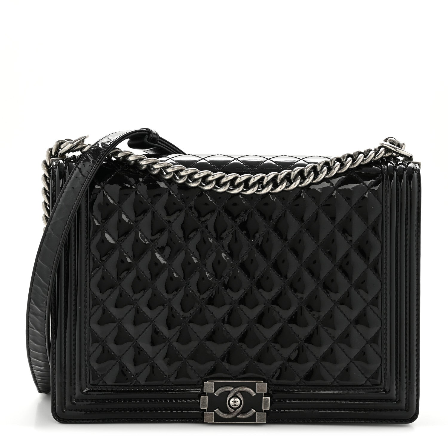 Patent Quilted Large Boy Flap Black