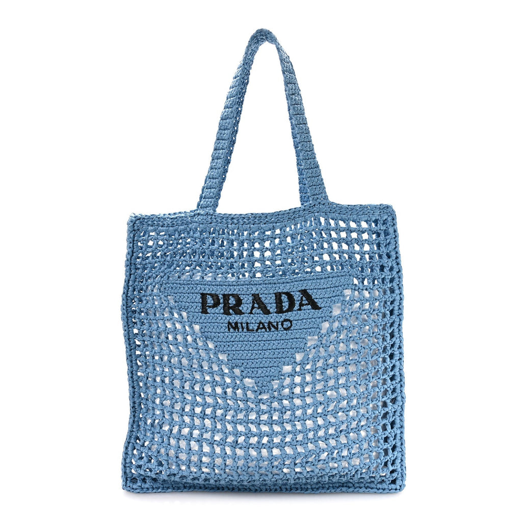 Yarn Raffia Effect Crochet Logo Embroidered Tote Bag Celeste