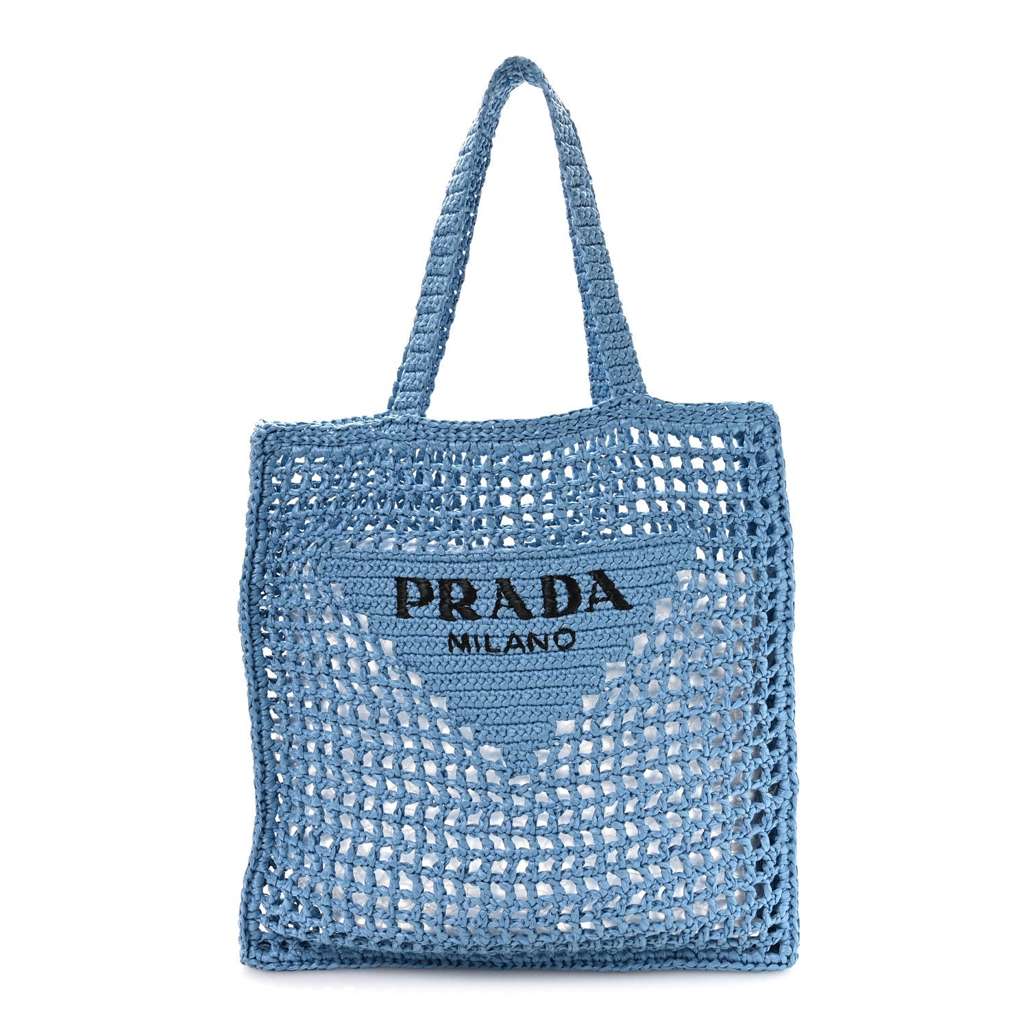 Yarn Raffia Effect Crochet Logo Embroidered Tote Bag Celeste