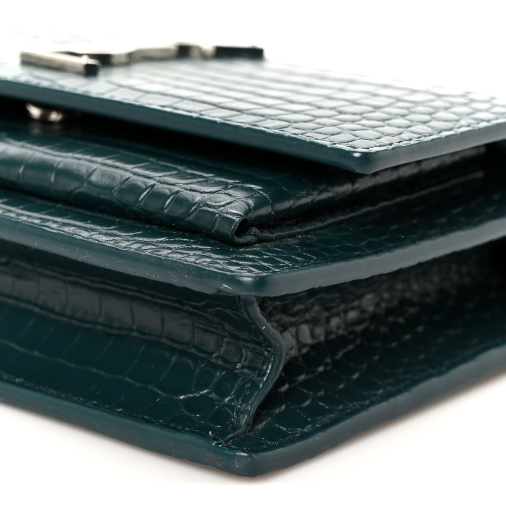 Calfskin Crocodile Embossed Monogram Sunset Chain Wallet Dark Turquoise