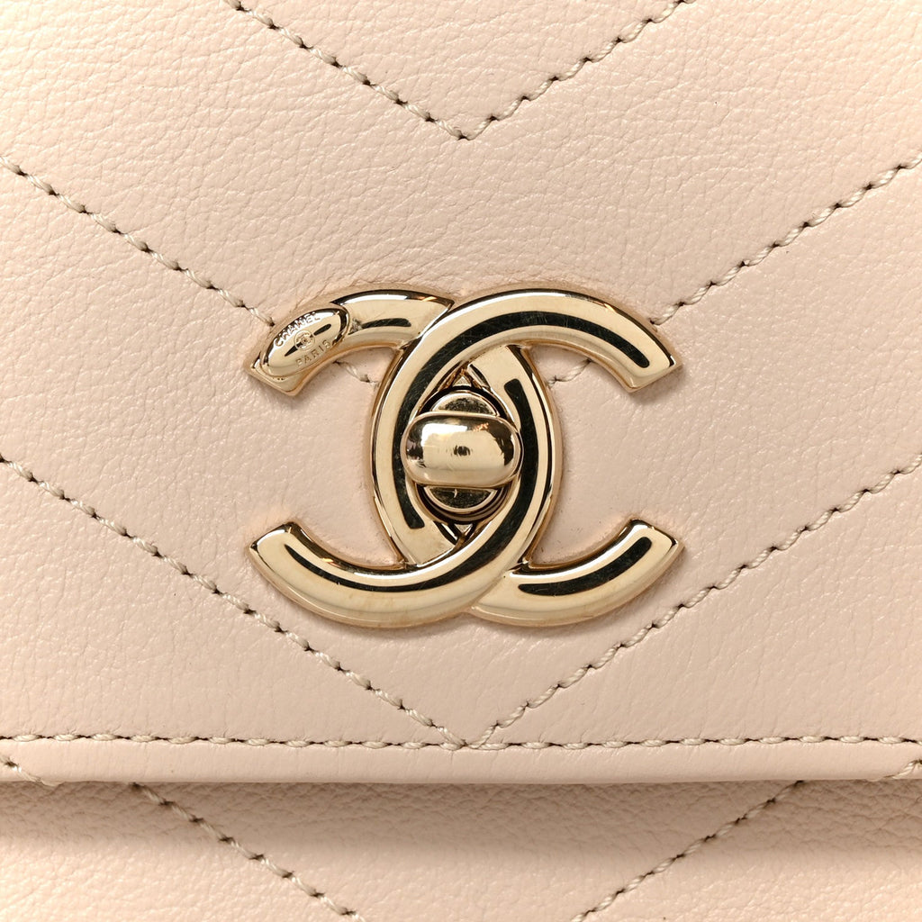 Grained Calfskin Stitched Small Chevron Chic Top Handle Flap Beige