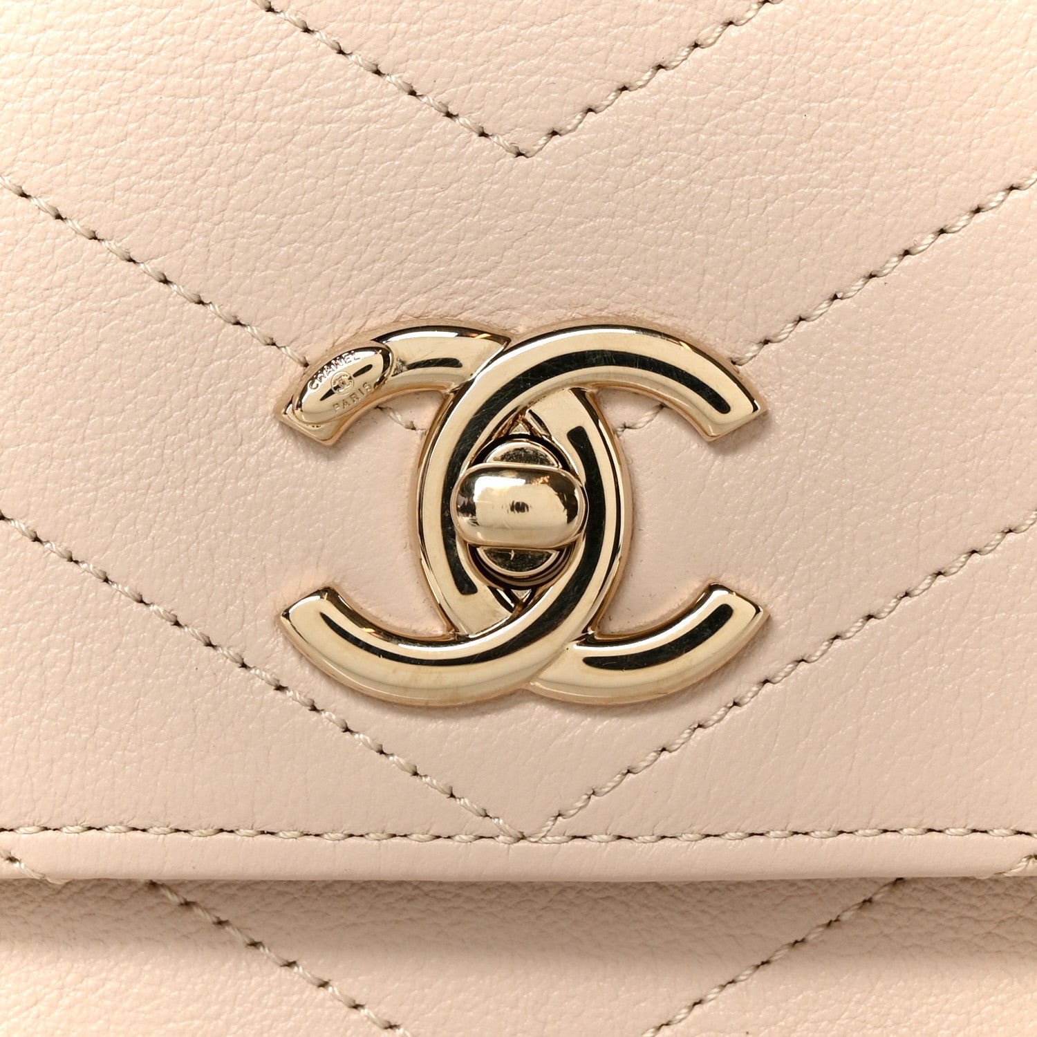 Grained Calfskin Stitched Small Chevron Chic Top Handle Flap Beige