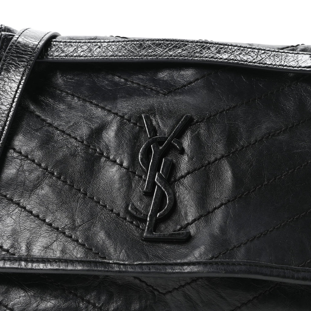 Crinkled Calfskin Matelasse Monogram Medium Niki Chain Satchel Black