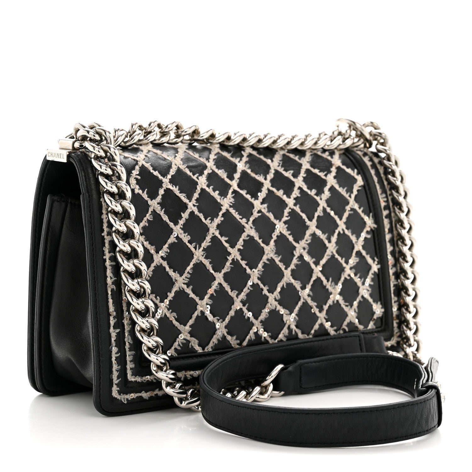 Calfskin Tweed Sequin Stitched Medium Boy Flap Black White