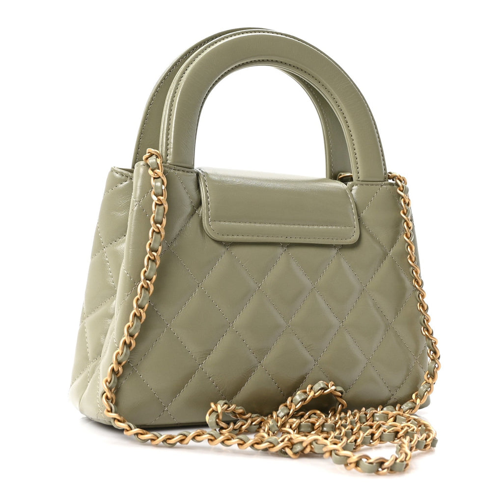 Shiny Aged Calfskin Quilted Nano Kelly Shopper Khaki