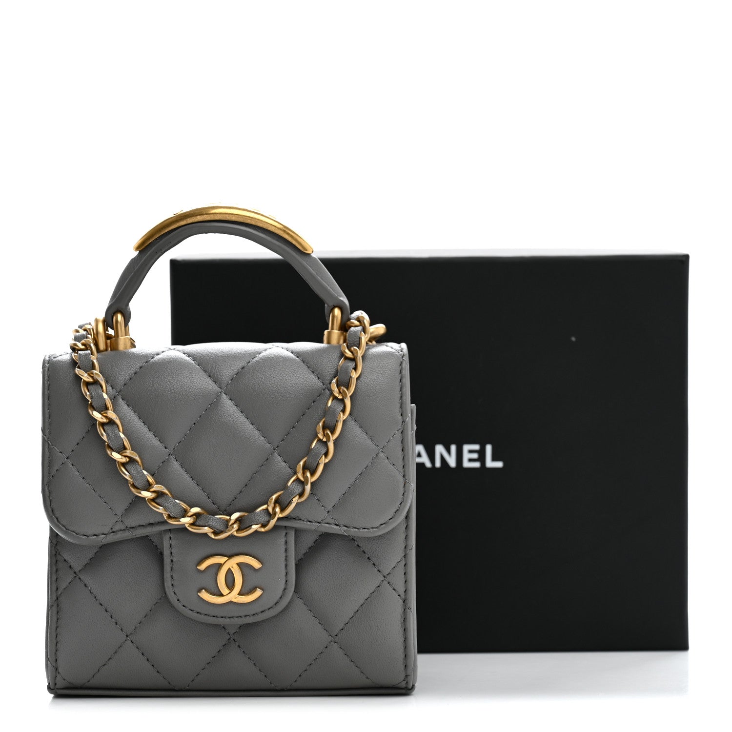 Lambskin Quilted Metal Top Handle Flap Clutch With Chain Grey