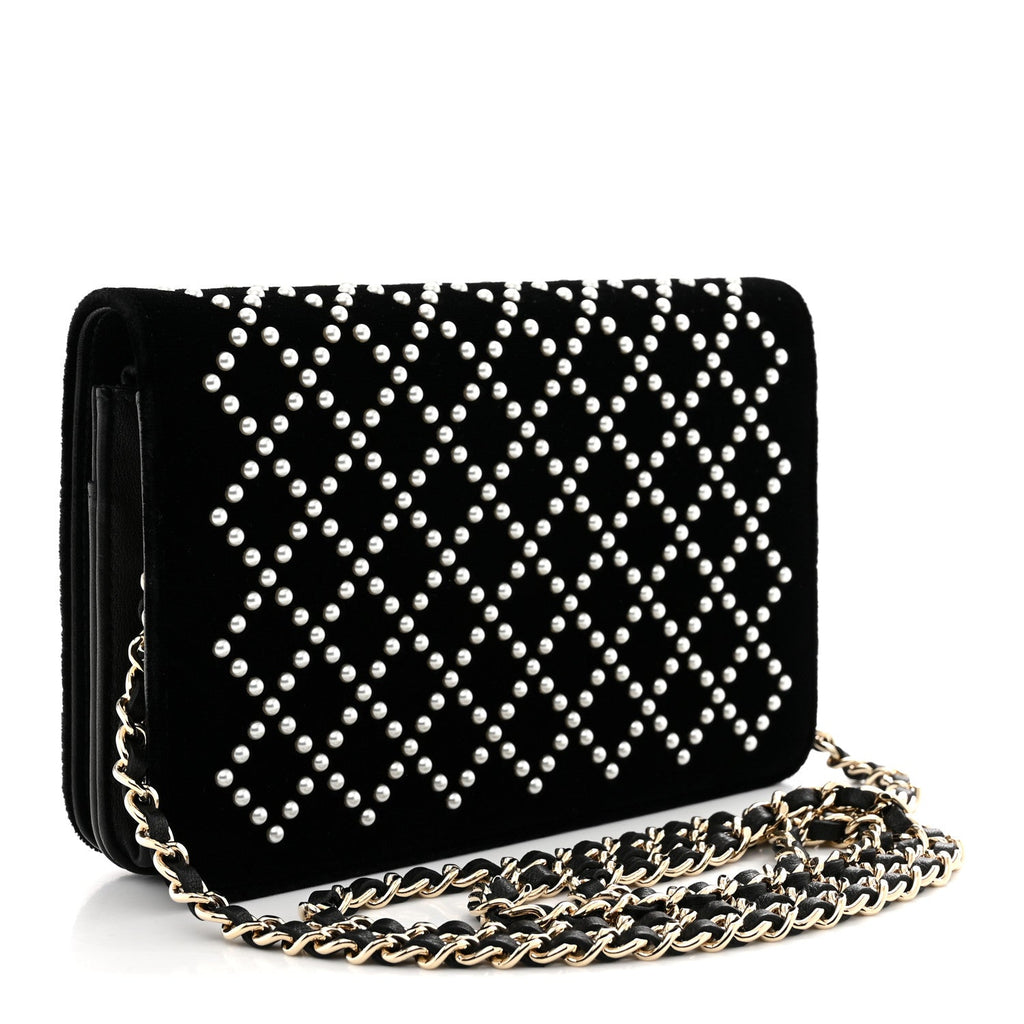Velvet Pearl Diamond Embellished Wallet On Chain WOC Black