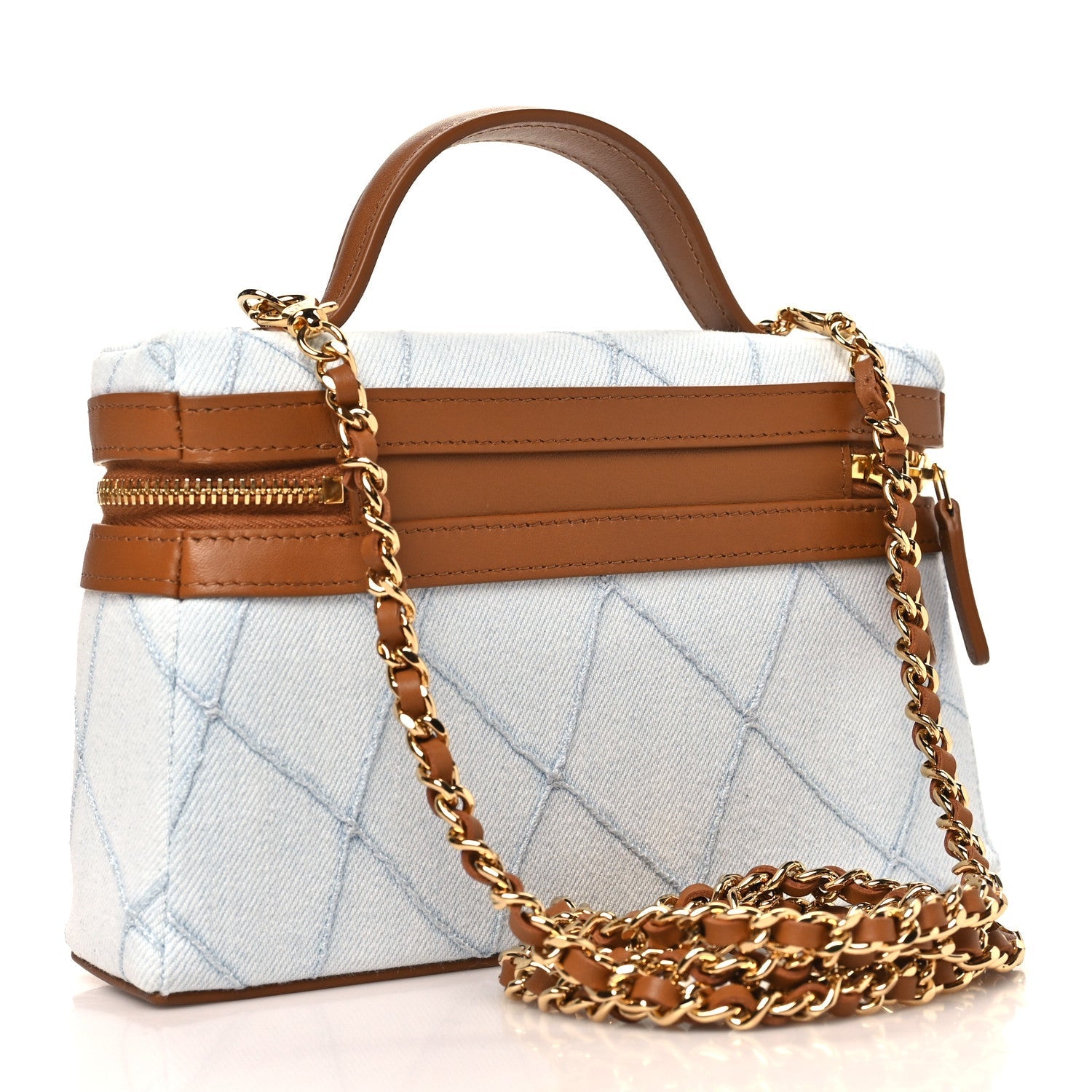 Washed Denim Calfskin Quilted Top Handle Slim Vanity Case With Chain Blue Brown