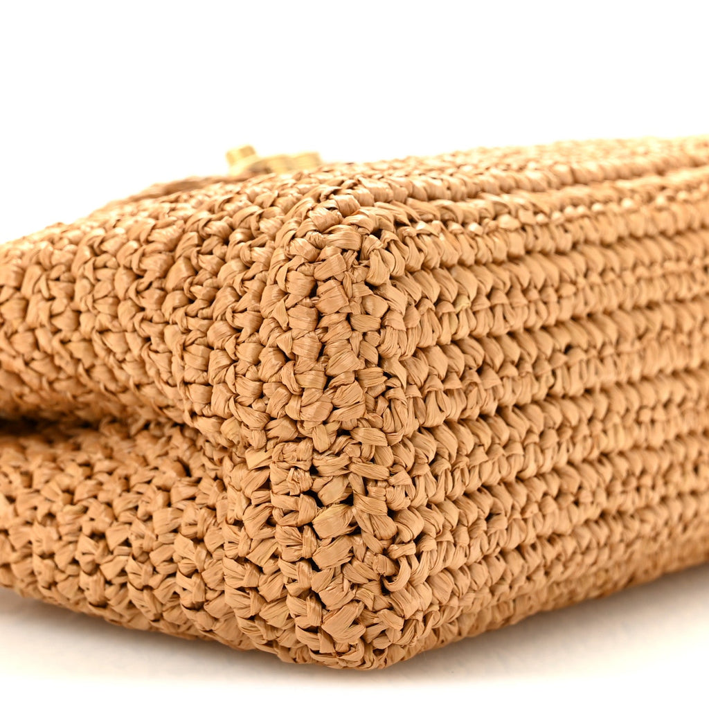 Braided Raffia Nano Kelly Flap Bag Dark Beige