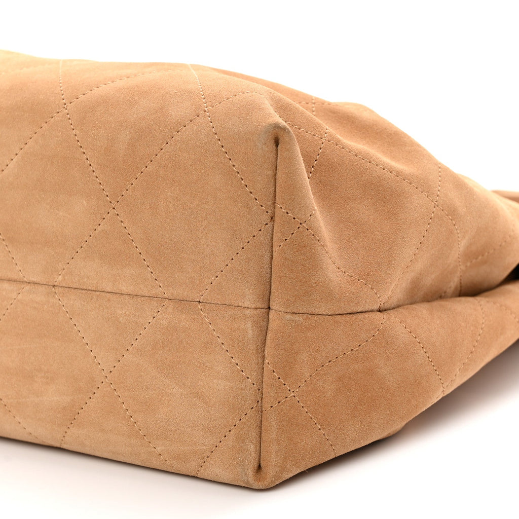 Suede Calfskin Lambskin Quilted Maxi Hobo Light Brown