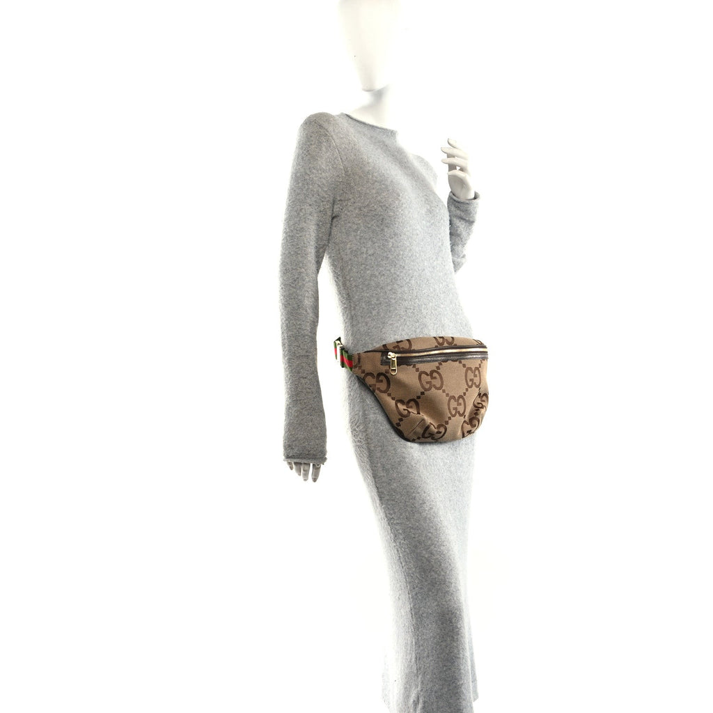 Monogram Jumbo GG Textured Dollar Calfskin Web Belt Bag Camel Ebony New Acero