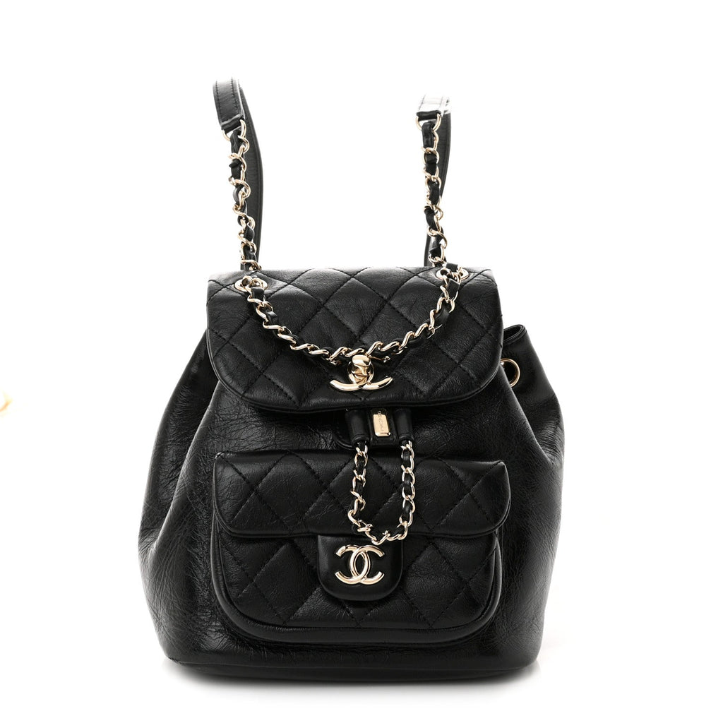 Glazed Aged Calfskin Quilted Small Duma Drawstring Backpack Black