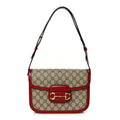 GG Supreme Monogram Azalea Calfskin Horsebit 1955 Shoulder Bag Beige Ebony New Cherry Red
