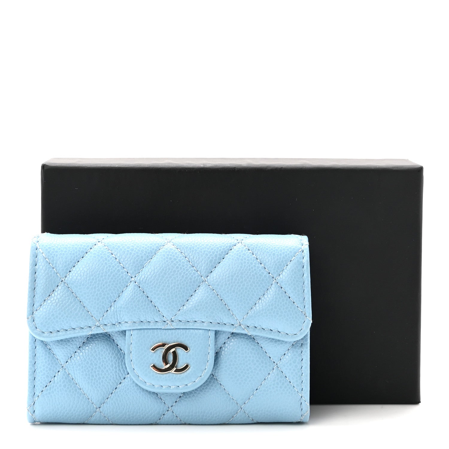 Caviar Quilted Flap Card Holder Wallet Light Blue