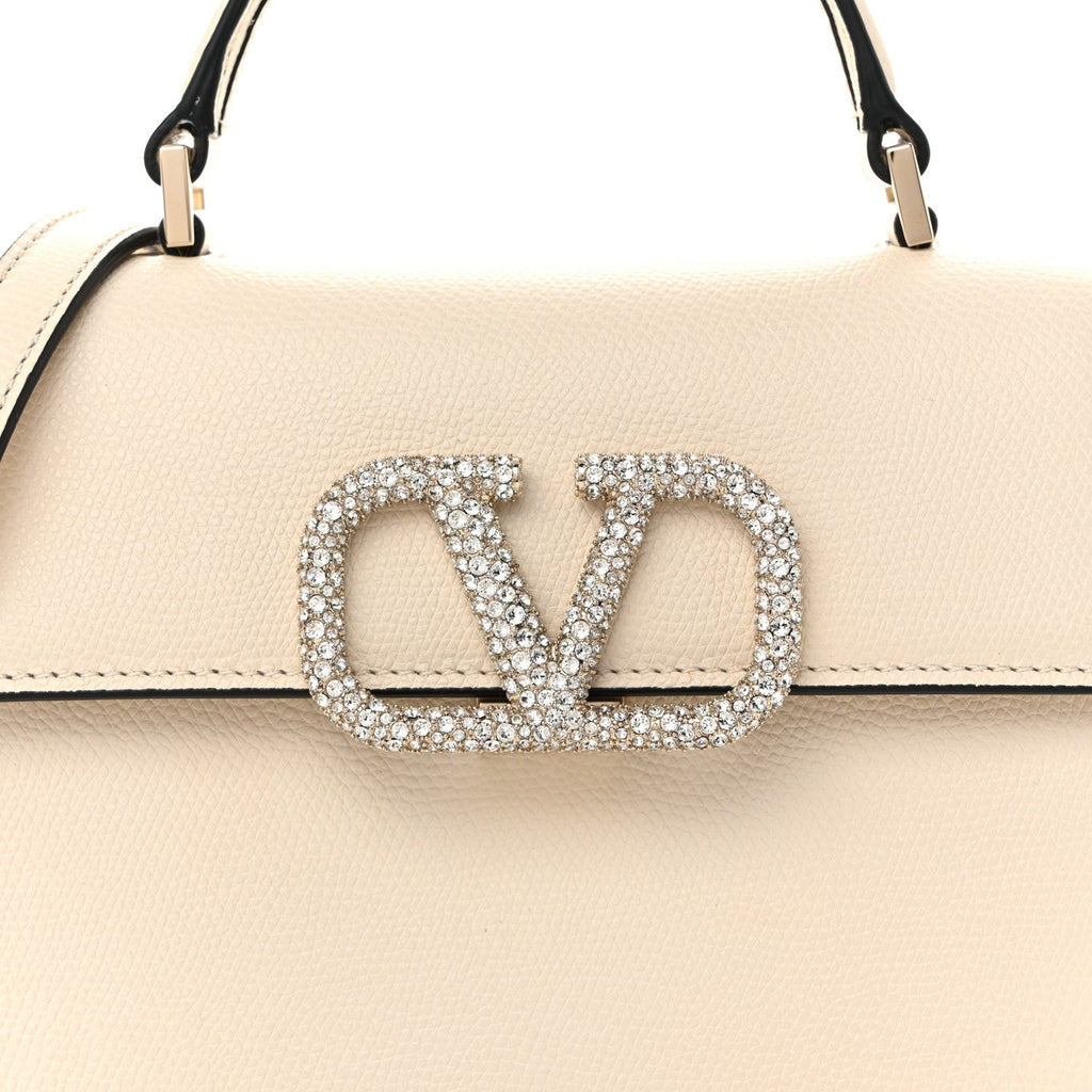Grainy Calfskin Swarovski Crystal Embellished Small VSling Top Handle Bag Light Ivory