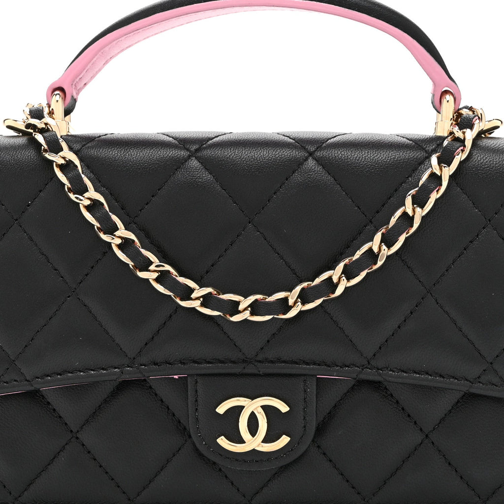 Lambskin Quilted Flap Phone Holder With Chain Black Lilac