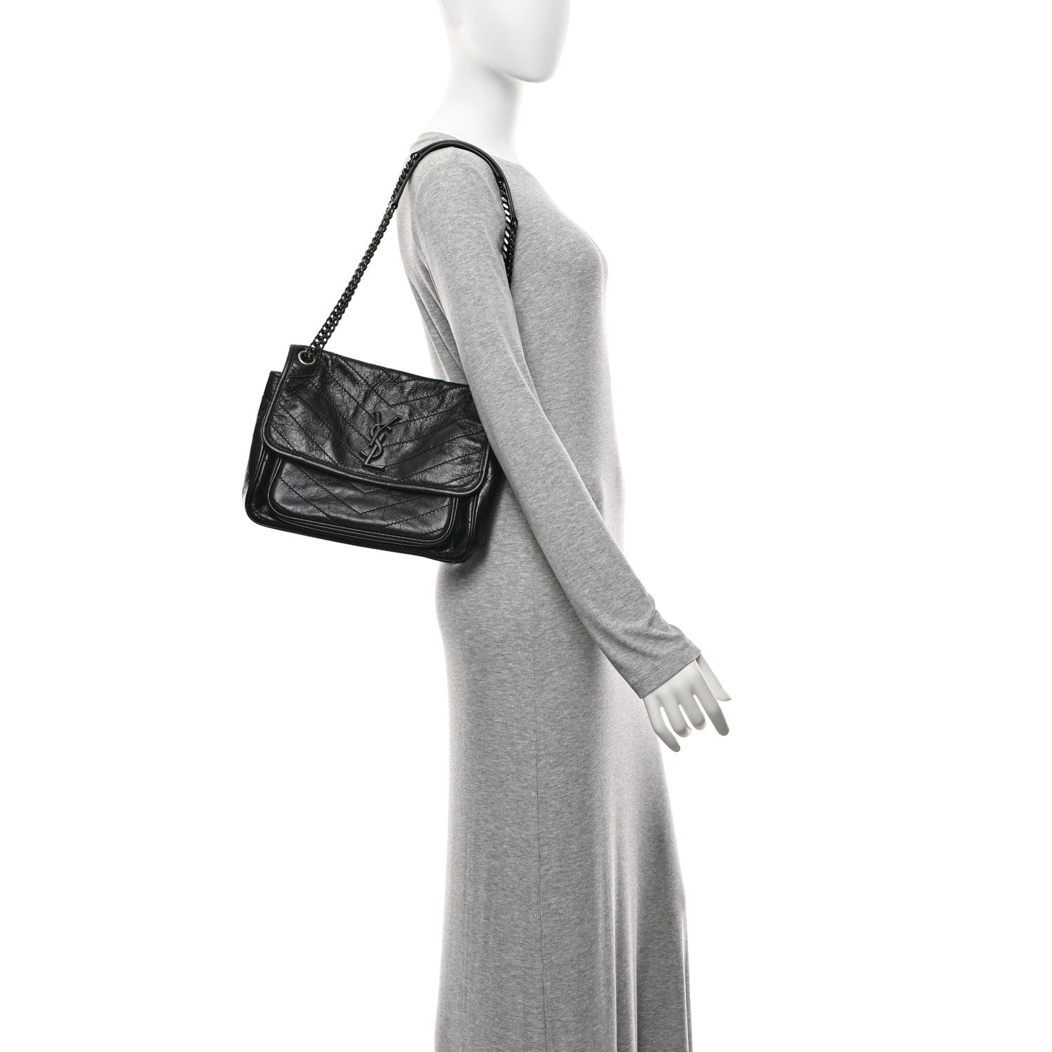 Crinkled Calfskin Matelasse Monogram Medium Niki Chain Satchel Black