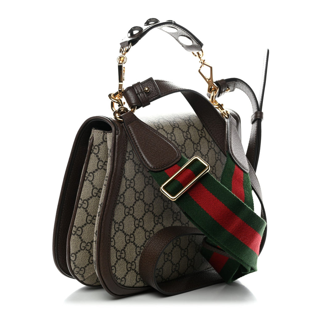 GG Supreme Monogram Textured Dollar Calfskin Web Medium Blondie Top Handle Shoulder Flap Bag Beige Ebony New Acero