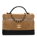 Suede Calfskin Shiny Lambskin Stitched Top Handle Slim Vanity Case With Chain Beige Black