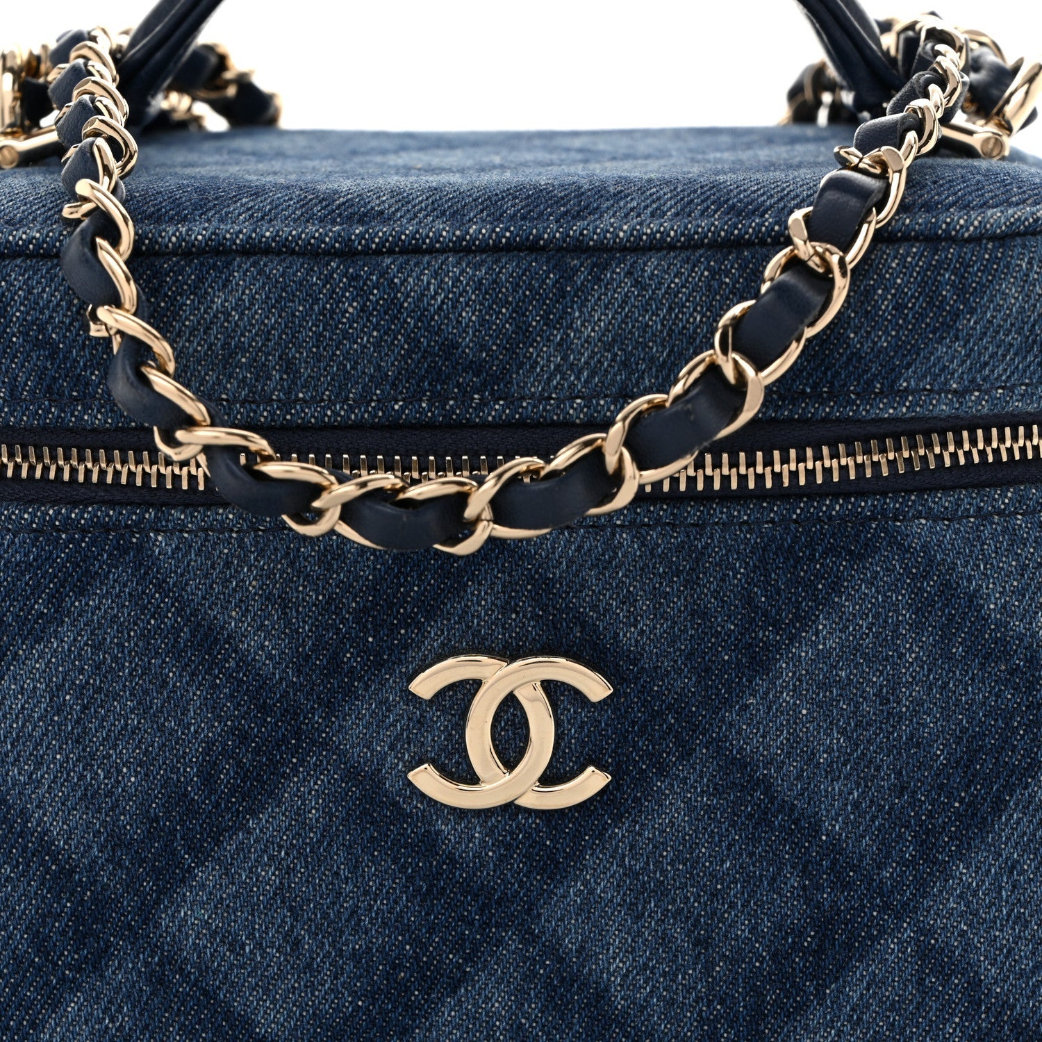 Printed Denim Quilted Mini Top Handle Vanity Case With Chain Dark Blue