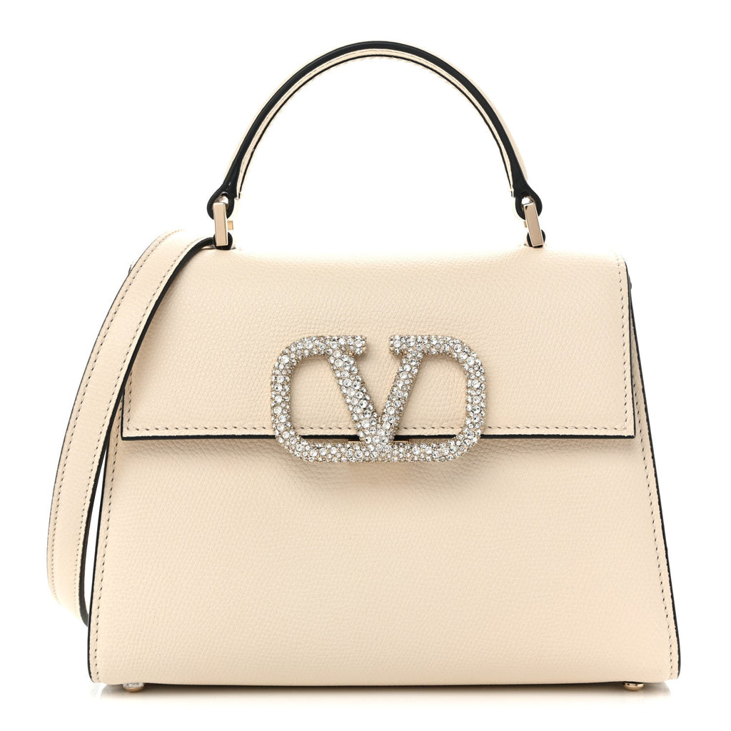 Grainy Calfskin Swarovski Crystal Embellished Small VSling Top Handle Bag Light Ivory