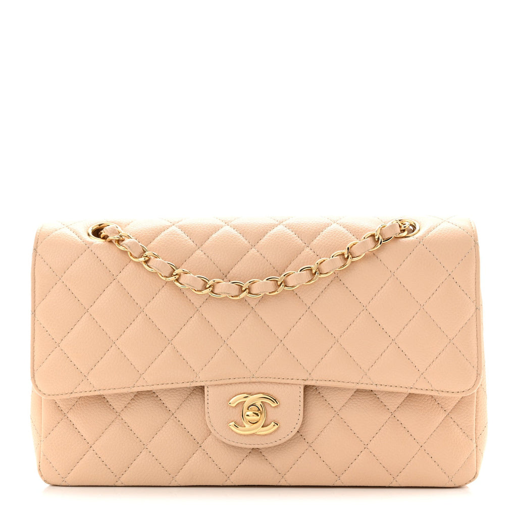 Caviar Quilted Medium Double Flap Beige