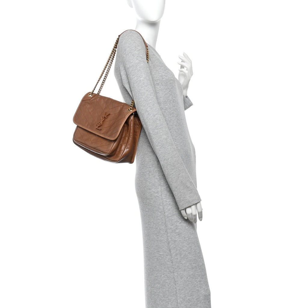 Crinkled Calfskin Matelasse Monogram Medium Niki Chain Satchel Caramel