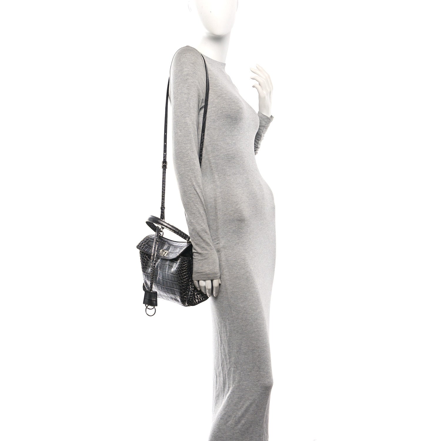 Metallized Calfskin Crocodile Embossed Mini Rodeo Top Handle Handbag Gunmetal