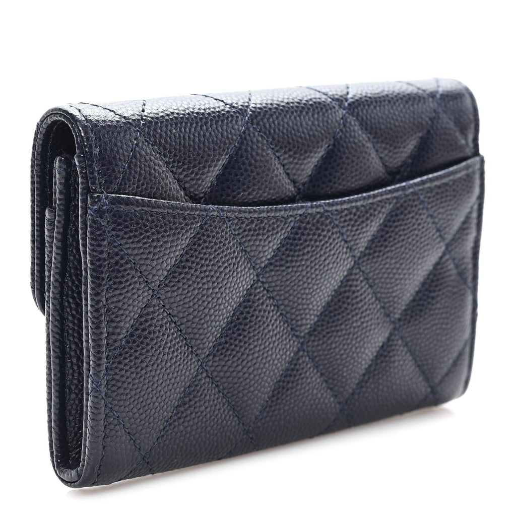 Caviar Quilted Flap Card Holder Navy Blue