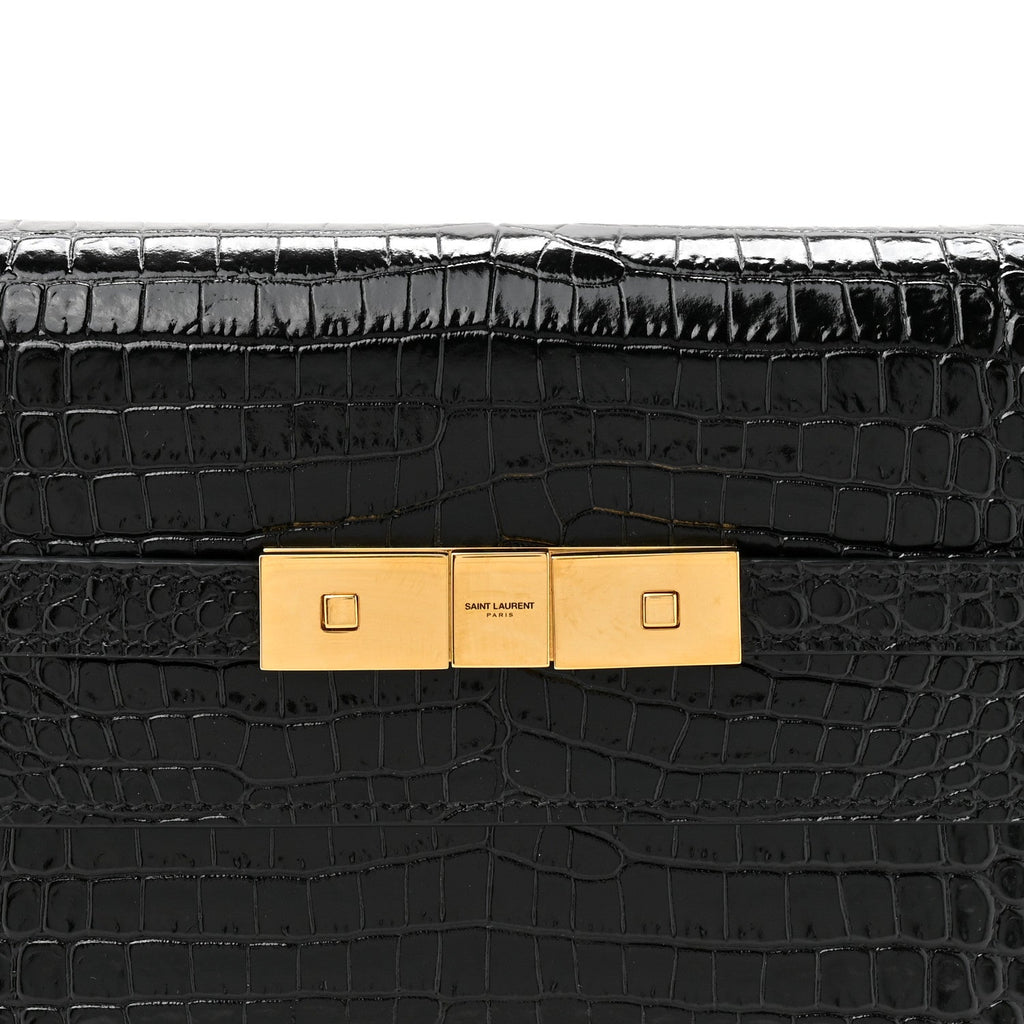 Shiny Calfskin Crocodile Embossed Small Manhattan Baguette Black